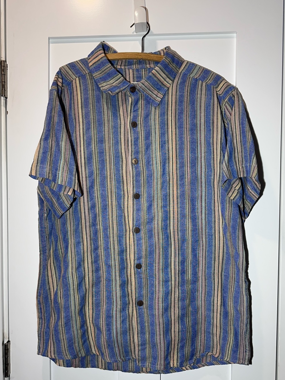 Lakhays Striped Blue and Tan Short-Sleeve Cotton Button-Up Shirt Beach Nepal